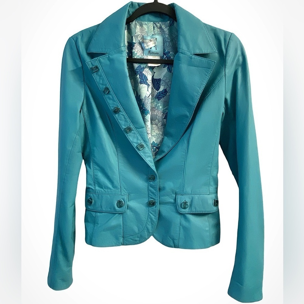 Marciano Turquoise Leather Blazer Front Pockets Button Up Floral Lining Size M